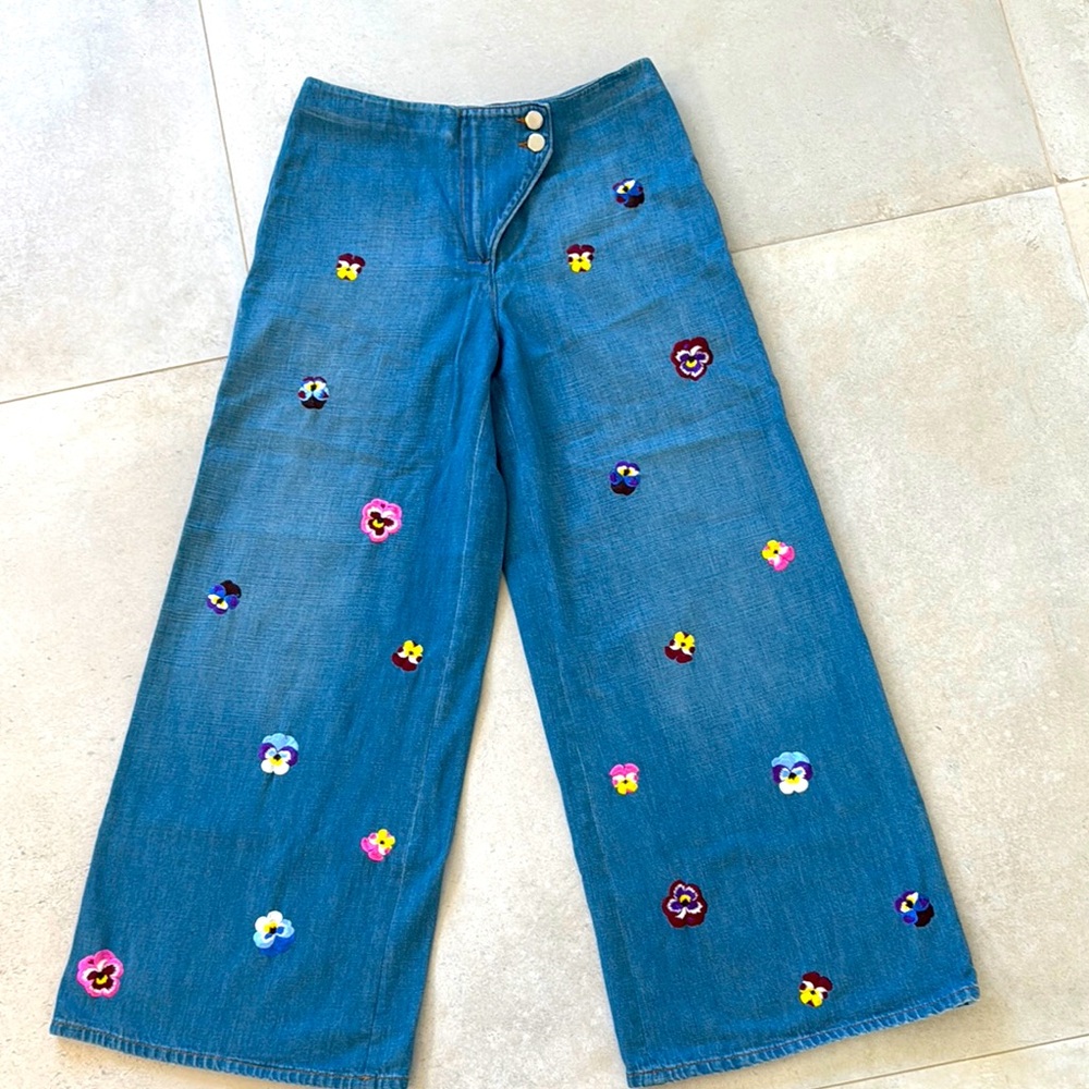 Floral Embroidered Wide-Leg Jeans